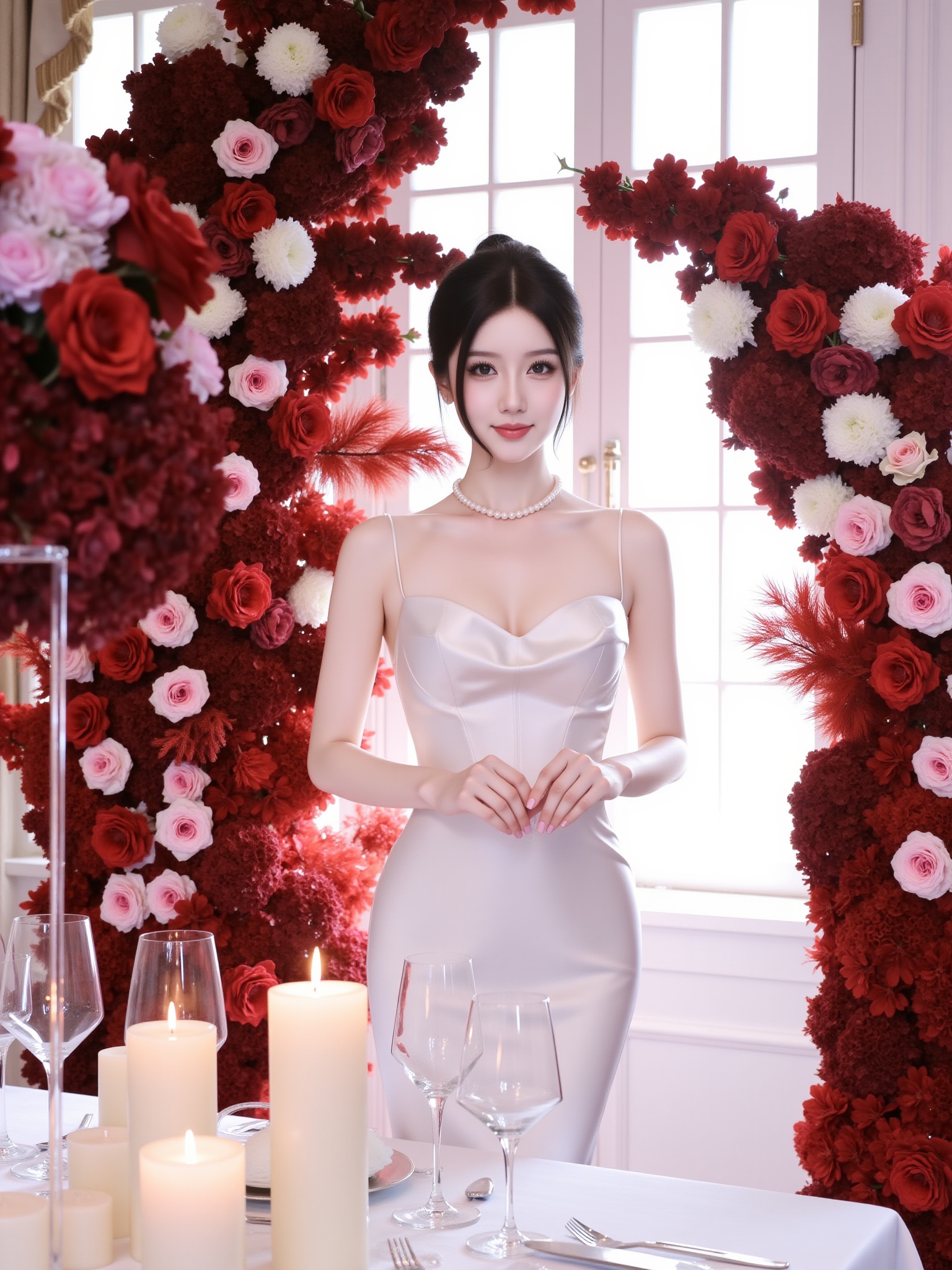 This is a highly detailed, digital illustration of a young woman standing confidently in an elegant, romantic setting. She has a fair complexion and delicate features, with her dark brown hair styled in an updo. She is wearing a form-fitting, strapless white gown with a sweetheart neckline, showcasing her slender figure and modest cleavage. The dress is adorned with a delicate pearl necklace, adding a touch of sophistication.The background features an elaborate floral arrangement with lush, deep red and pink roses, creating a striking contrast against the light walls and windows. The arrangement is intricately designed, with the flowers arranged in a semi-circle, framing the woman. The light from the windows behind her creates a soft, ethereal glow, enhancing the romantic ambiance.The table in the foreground is set with a white tablecloth, and is adorned with several large, white pillar candles, adding a sense of opulence and elegance. There are also wine glasses and a silverware setting, suggesting a formal dining occasion. The overall composition is highly polished, with a meticulous attention to detail, emphasizing luxury and grace.<lora:紫色韵味FLUX:1>