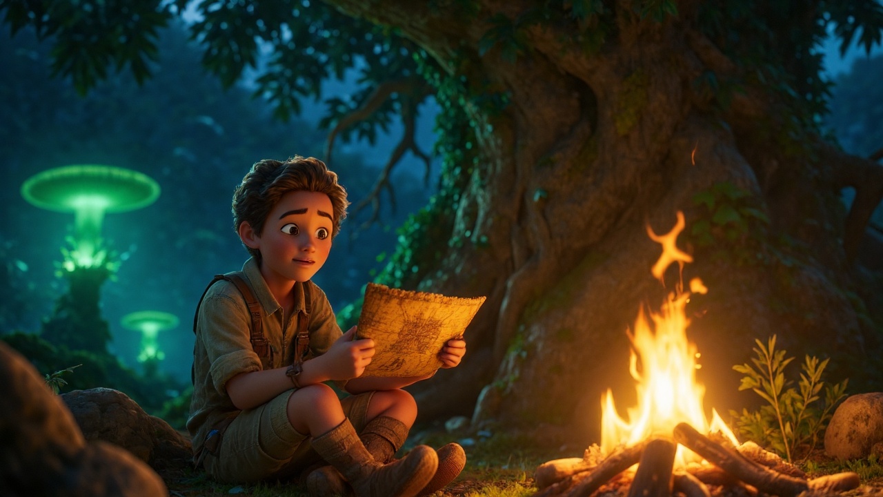 A young explorer sits by a campfire in the middle of an ancient jungle,  looking at a tattered map with a puzzled expressi...