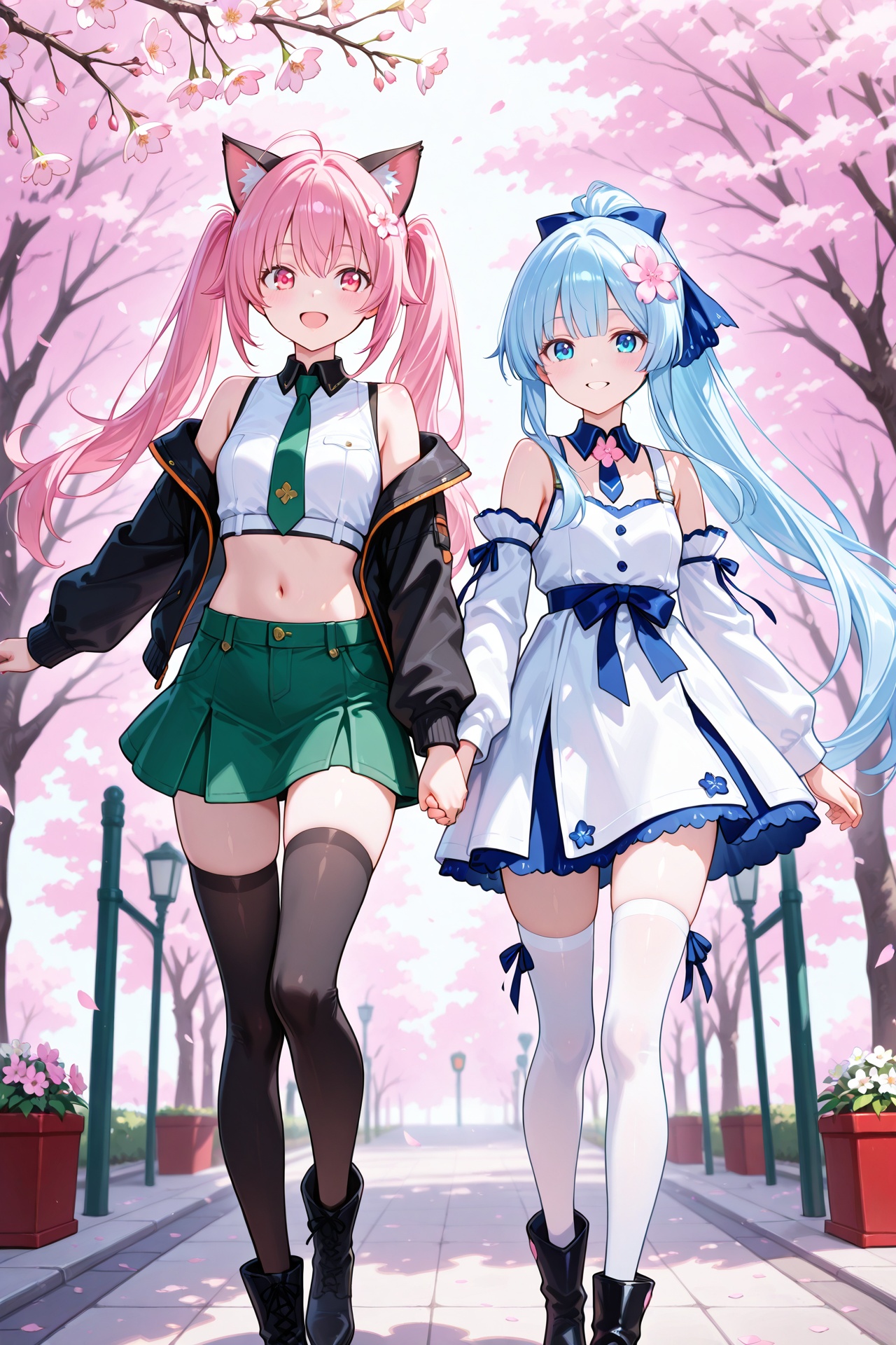 a girl wearing crop top and mini skrit walking on the street where cherry flowers blooms,  open mouth,  zettai ryouiki on...
