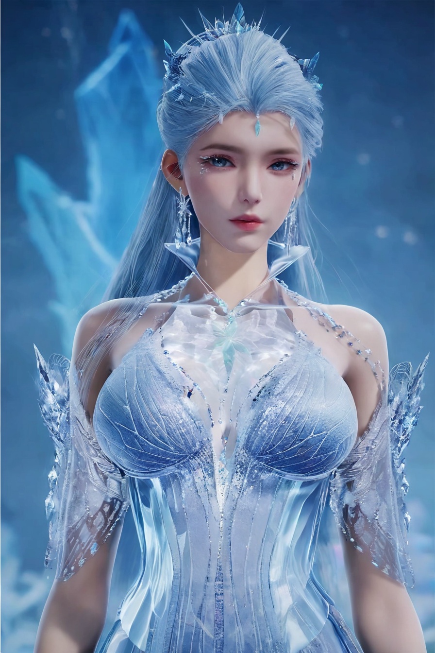 score_9,score_8_up,score_7_up,incredibly absurdres,<lora:SF_XueNv_Pony-000005:0.7>,1girl,solo,dress,large breasts,LightSkyBlue hair,lips,jewelry,earring,long hair,looking at viewer,white background,crystal,gem,