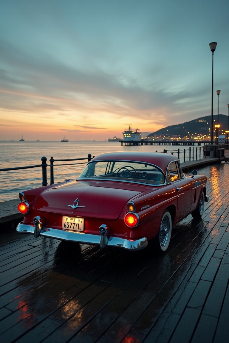cinematicmain,  a classic car on a pier at suset on Tensor.Art