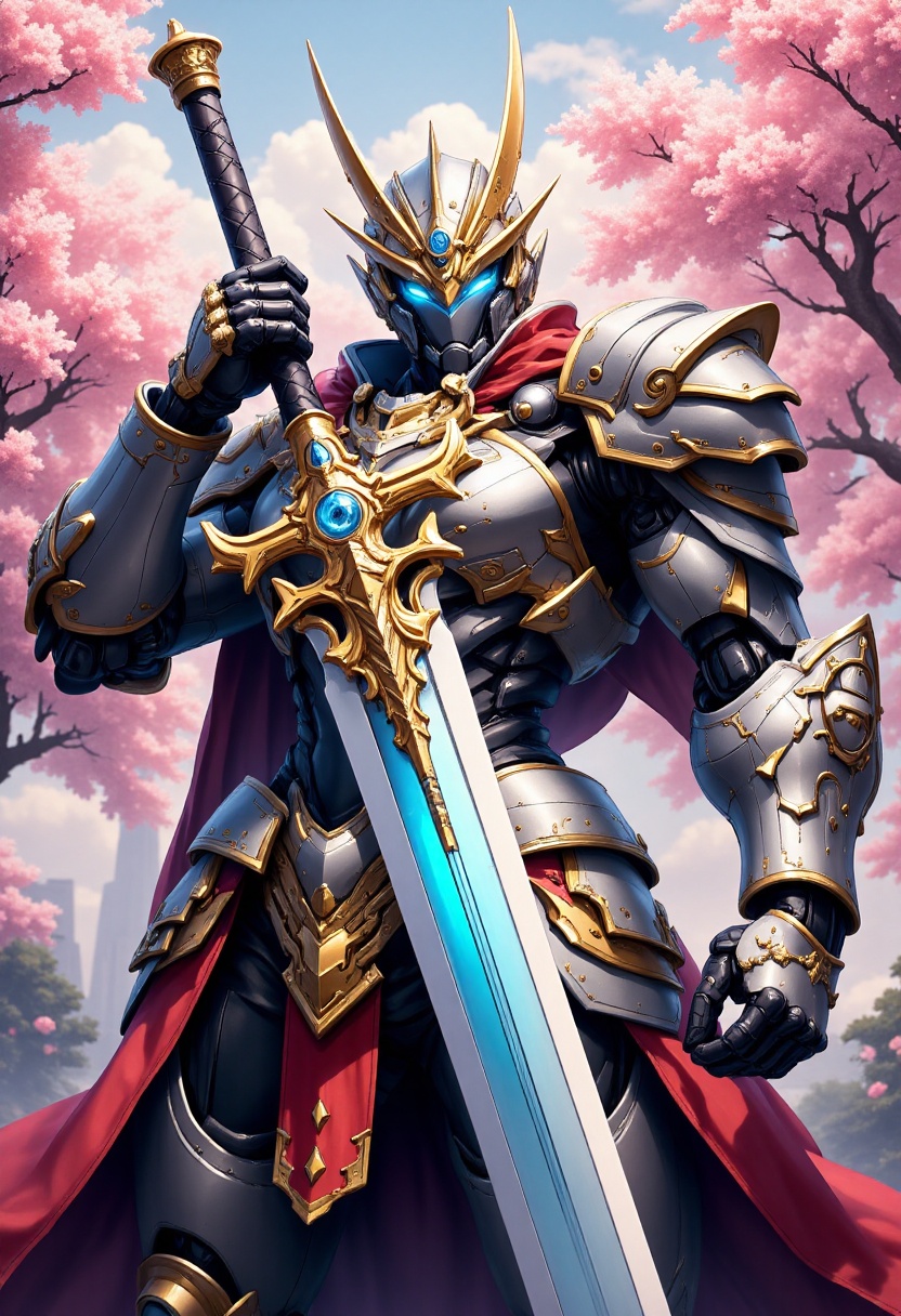 Giant mech warrior with a giant sword,  gold and silver armor,  blue eyes on Tensor.Art