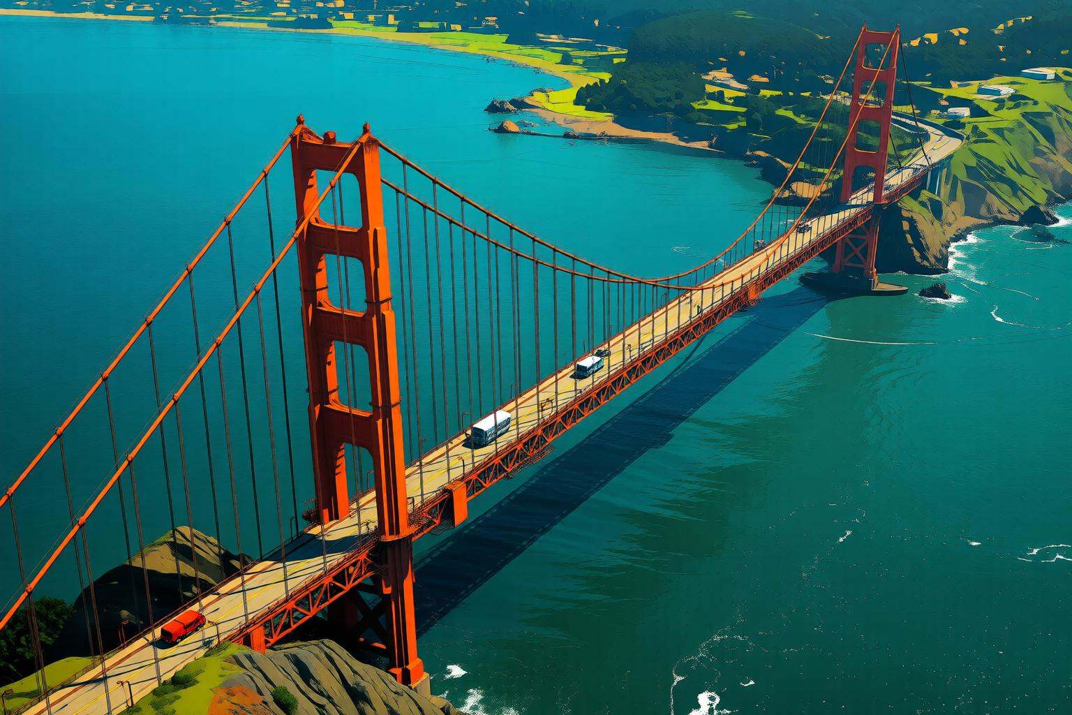 pascalblanche2q illustration.Aerial view of the Golden Gate Bridge with orange-red towers visible above turquoise water. V...
