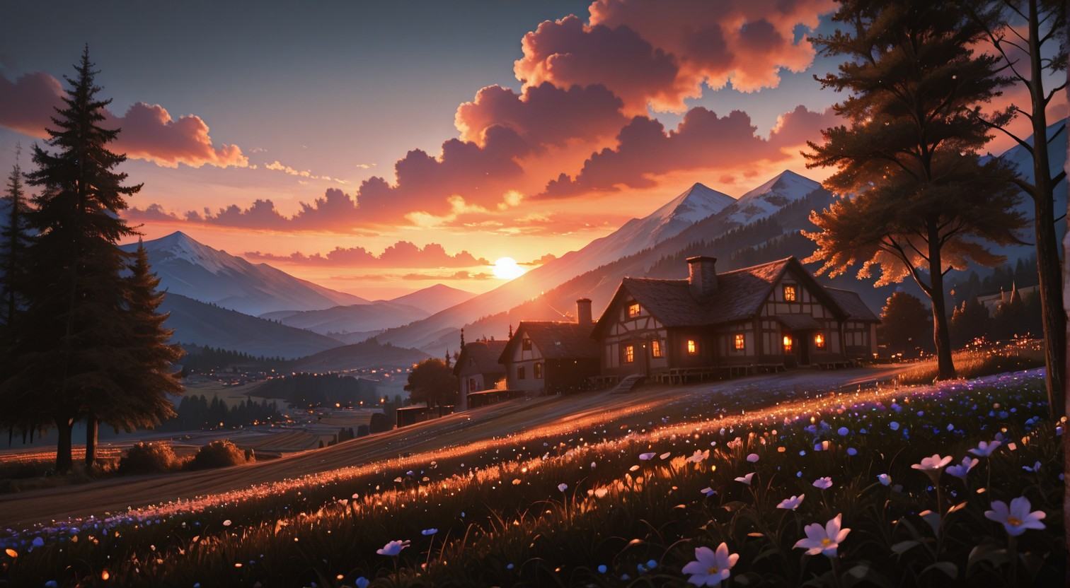a painting depicting a farm set against a mountainside during a sunset,  scenery,  mountain on Tensor.Art