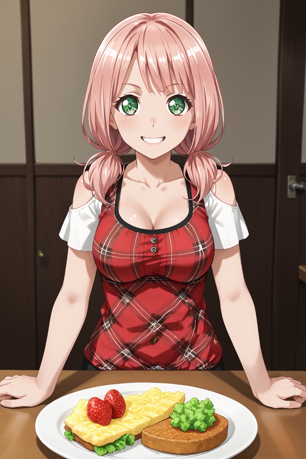 Uehara Himari,long hair, breasts,smile, bangs, twintails, green eyes,pink hair,low twintails,, :d<lora:feimali:0.8>