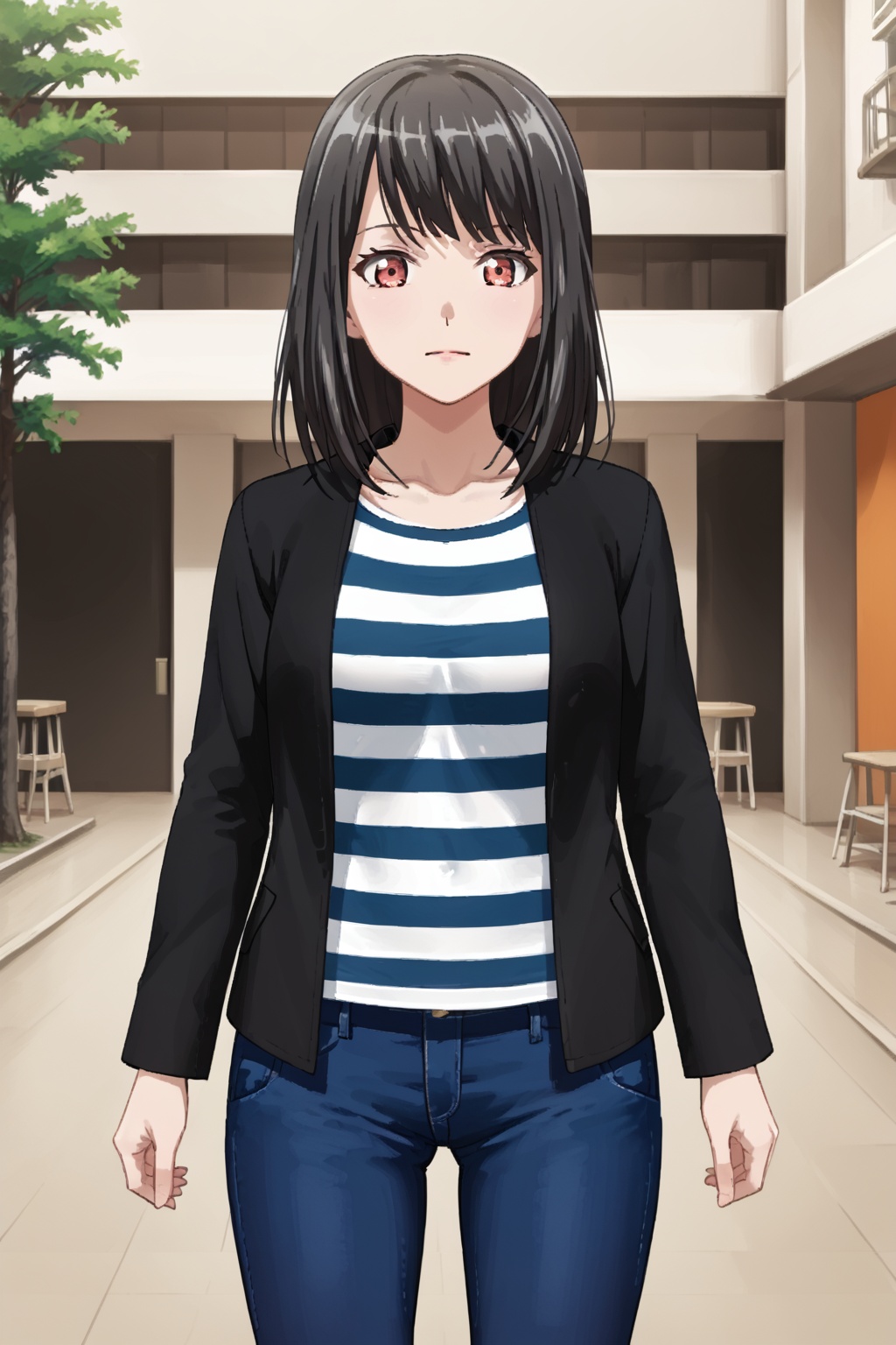1girl,   tsukishima marina, 1girl, shirt, striped, black hair, jacket, brown eyes, bangs, red eyes, medium hair, striped shirt, jeans<lora:circle-月岛麻里奈:0.8>