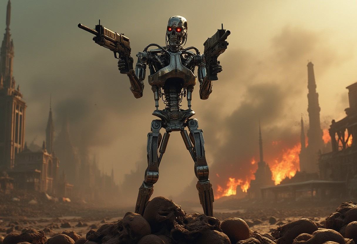a T800_Endo Terminator Robot with red eyes stands in a destroyed apocalyptic city while holding two futuristic guns and ai...