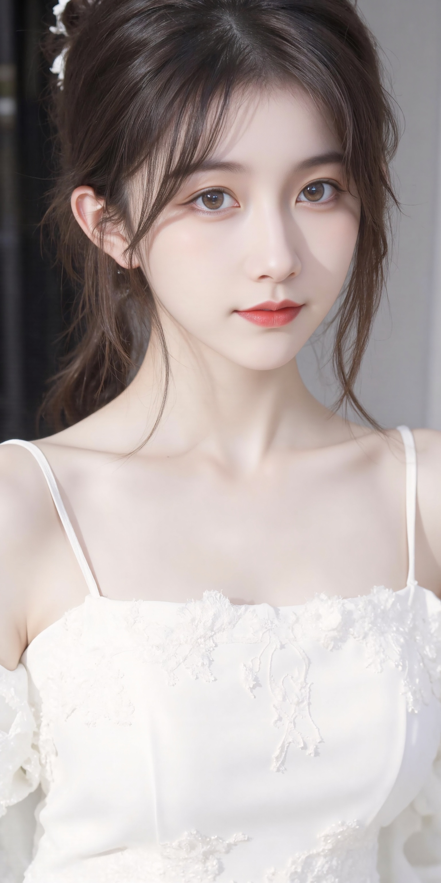 a close-up shot of a young Asian woman with dark brown hair and brown eyes. She is wearing a white sleeveless blouse with a low neckline that is adorned with white embroidery. Her hair is pulled back in a ponytail,adding a touch of texture to her face. The backdrop is blurred,creating a stark contrast to the woman's white dress.,
