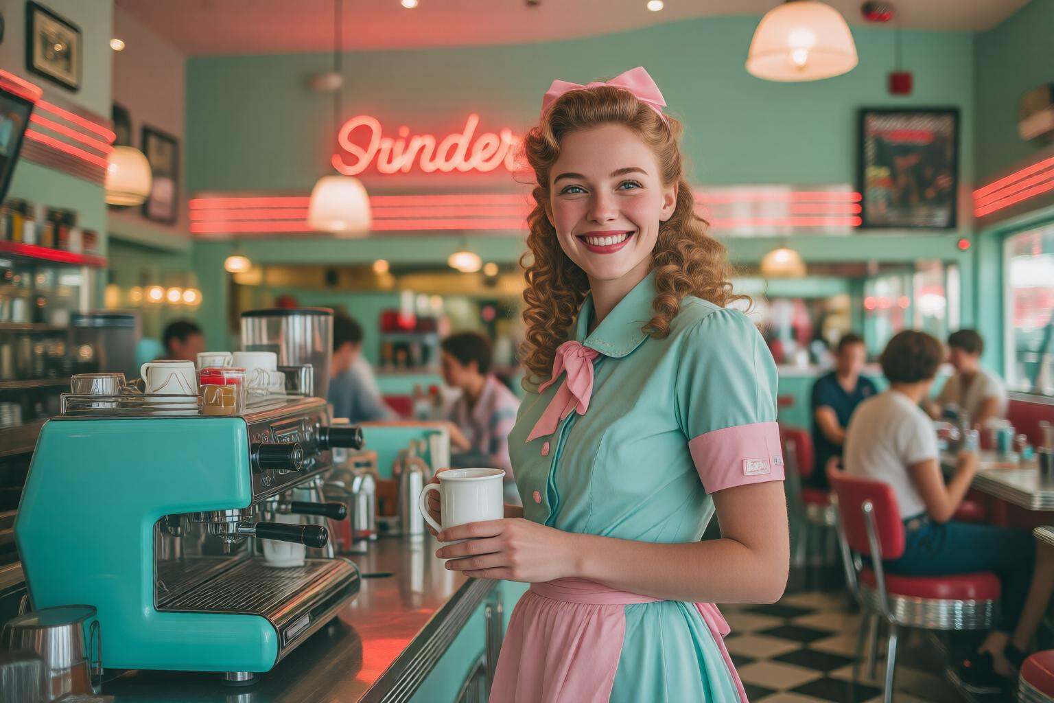 midjourneymix10q photograph.A smiling waitress with long curly hair dressed in a vintage-style uniform,  stands at the cou...