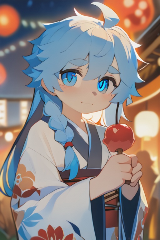 (masterpiece),(bestquality),1girl, solo focus, best quality, blurry background, upper body, looking at viewer, holding food, blush, blue eyes, hair between eyes, eyebrows visible through hair, long hair, blue hair, braid, bangs, ahoge, print kimono, white kimono, long sleeves, wide sleeves, candy apple, floral print, yukata, obi, outdoors, hands up, blurry foreground, star \(sky\), starry sky, summer festival, night sky, aerial fireworks, light particles, city lights, bokeh,ringed eyes,heyiling <lora:nayoshi01g:0.6>