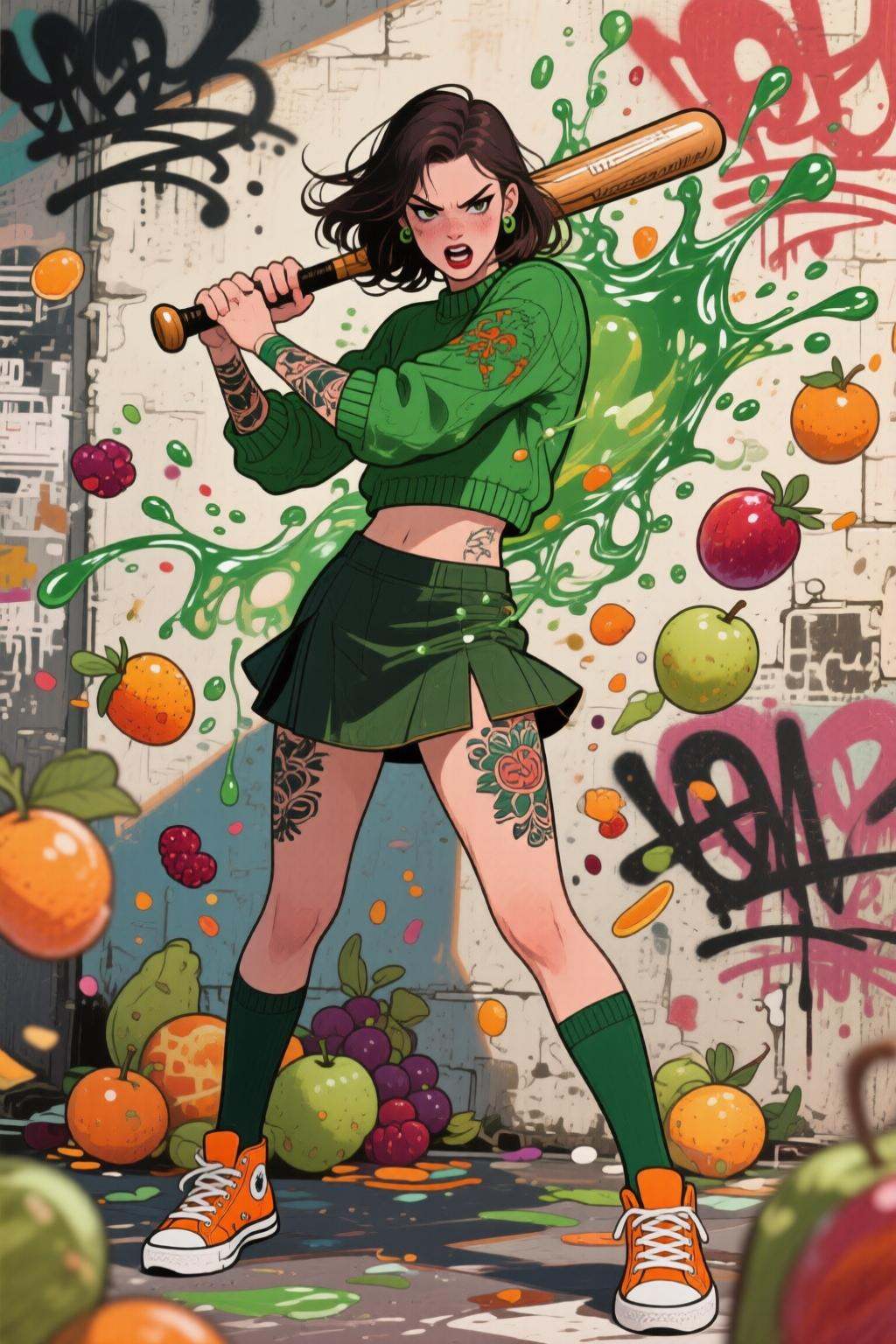 elizabethshippengreen2q illustration.Full body,  liquid splash,  cartoonish juicy fruits chaos on Tensor.Art