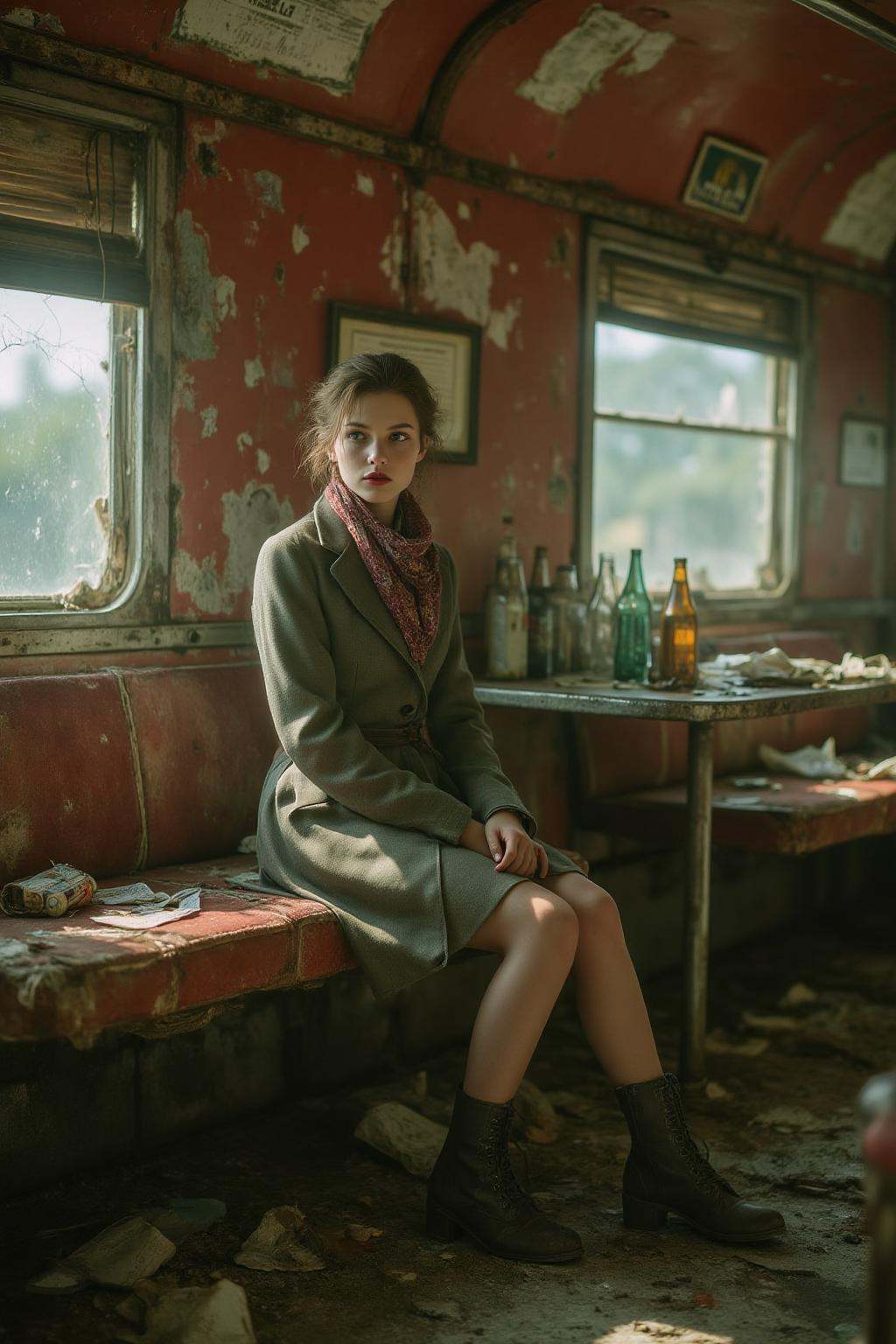 midjourney photograph.A girl,  shown in 3/4 view,  is sitting in a dilapidated train car. The train's red interior is fade...
