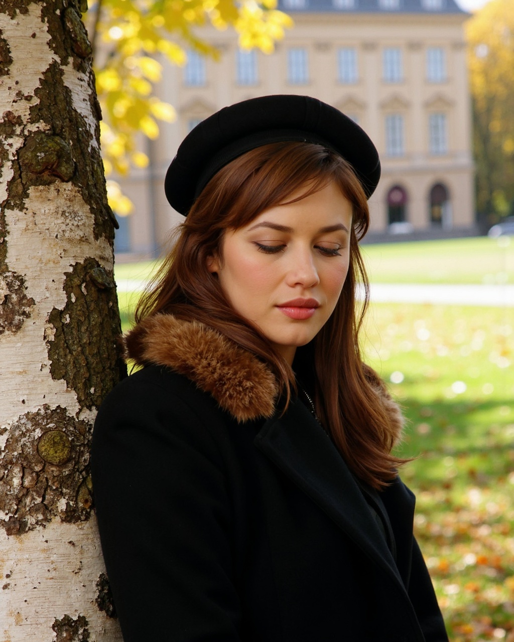 A high-resolution photograph of olga_kurylenko leaning against a birch tree in an outdoor setting,  likely a park. olga_ku...