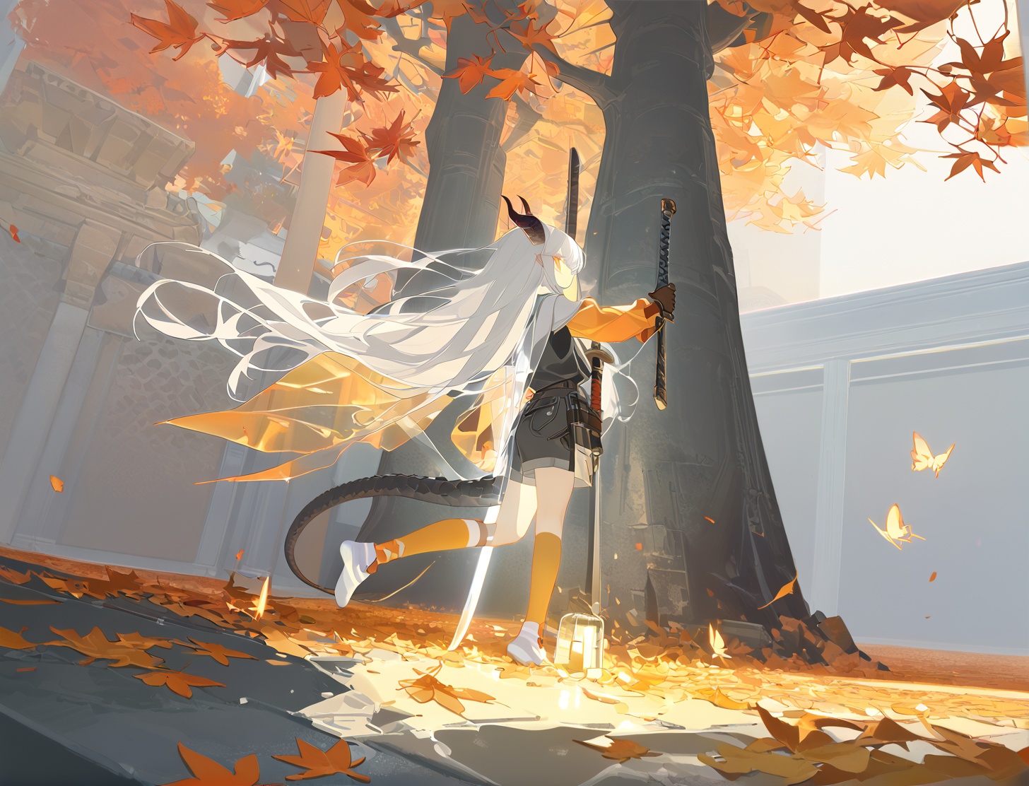 (masterpiece),(best quality),illustration,ultra detailed,hdr,Depth of field,(colorful),artist:wanke,artist:tianliang duohe fangdongye,bright outline,1girl,solo,dragon girl,slit pupils,blue pupils,glowing eyes,horns,long hair,floating hair,white hair,dragon tail,shiny butterfly,glowing butterfly,soft lawn,warm colors,Tyndall effect,Tyndall light,white long shirt,black sleeveless jacket,orange transparent sleeves,transparent Ceiling,fallen leaves,maple leaves,autumn,between two rows of trees there is a road filled with fallen leaves,in the middle of the road there is a beam of light shining on a sword stuck in the ground,sacred,ancient,side shot,wide angle shot,shorts,stepping Foot socks,hanging,transparent,transparent wings,Leather gloves,sharp teeth,clear glass strips,ancient wooden swords engraved with golden runes,foot socks,light gray foot socks,the bottom of the foot socks fades to black,