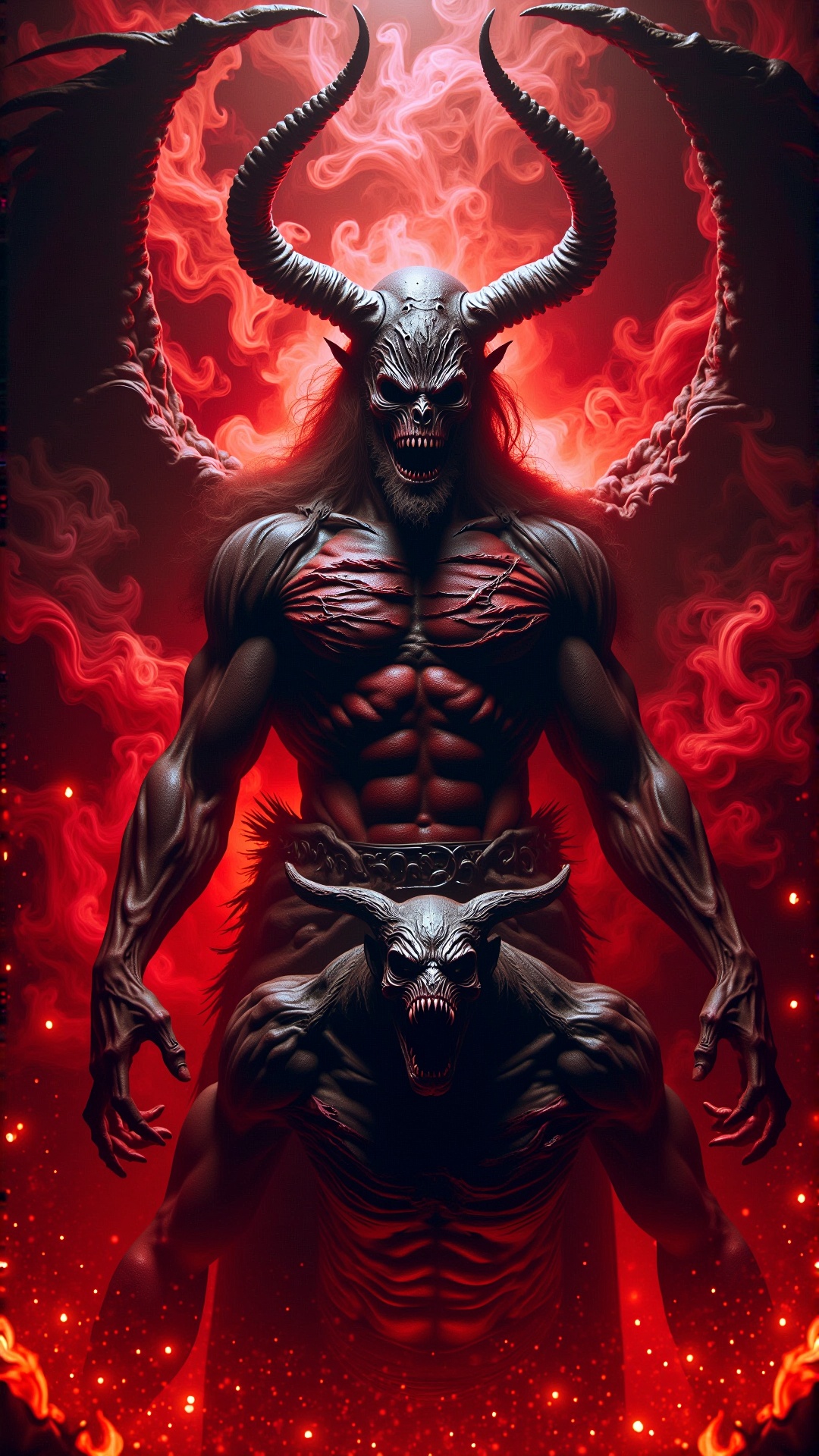 a photorealistic dark horror malevolence dark portrait of aggressive demonic damned heracles slaying a beast,  d & d,  mus...
