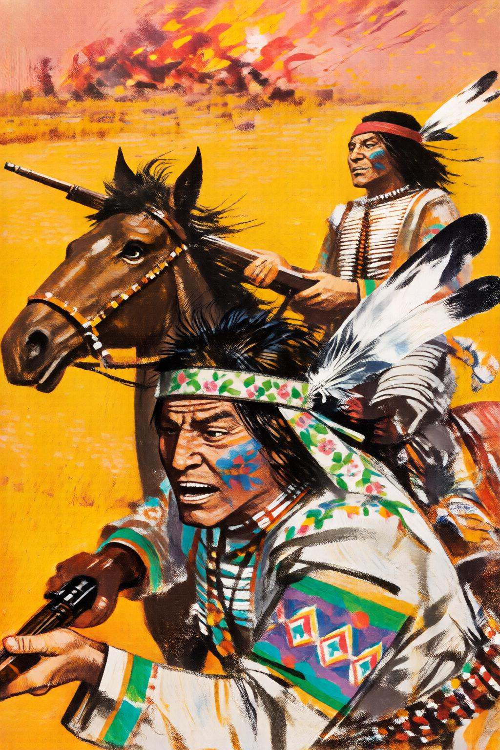 giannirenna2q illustration. Two Native American men are featured. The foreground shows a man in traditional Native America...
