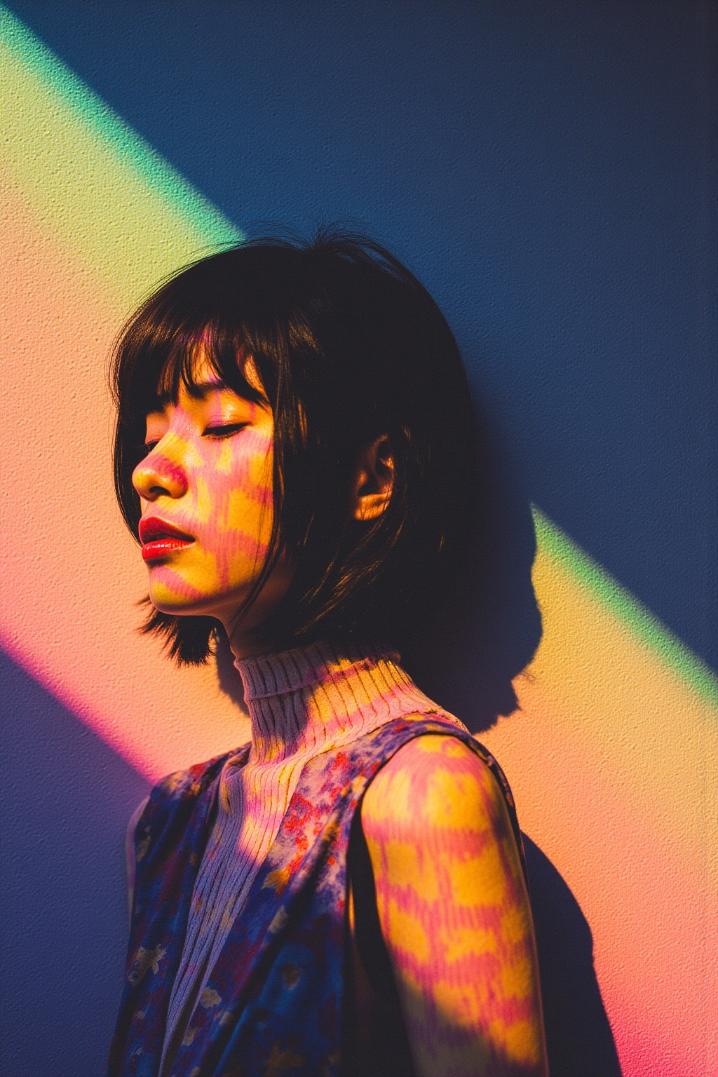 film grain,head and shoulders, flat color BREAK (vaporwave:1.2), a statuesque Picaroto woman with prisms in her eyes, geometric gradients background BREAK colorful, dream-****, illustration, gradient surreal fantasy, by Victo Ngai Makoto Shinkai,light master,film grain,