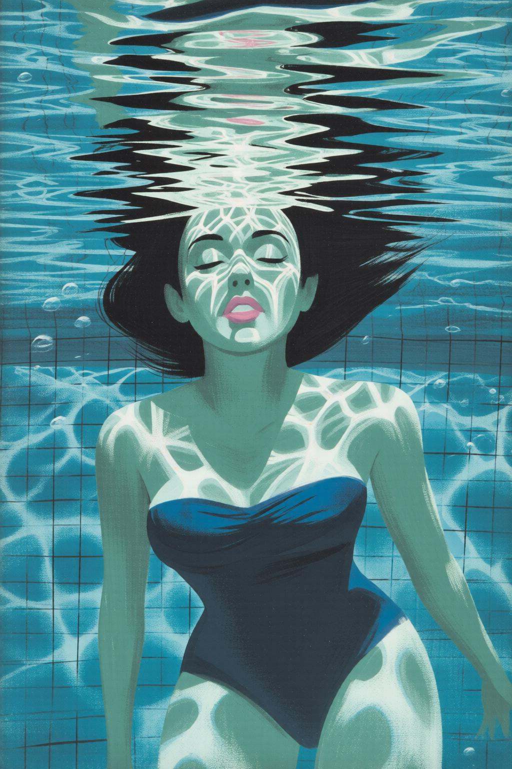 maryblair4q illustrationCloseup shot of a serene and artistic underwater scene featuring a woman partially submerged in wa...