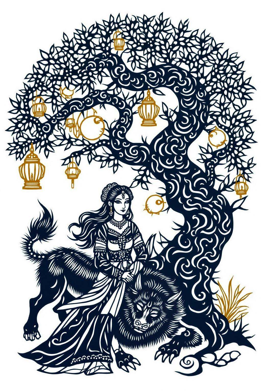 papercut art.a scene from Arabian Nights,  A beautiful woman sits gracefully under a sprawling tree with lush,  curving br...