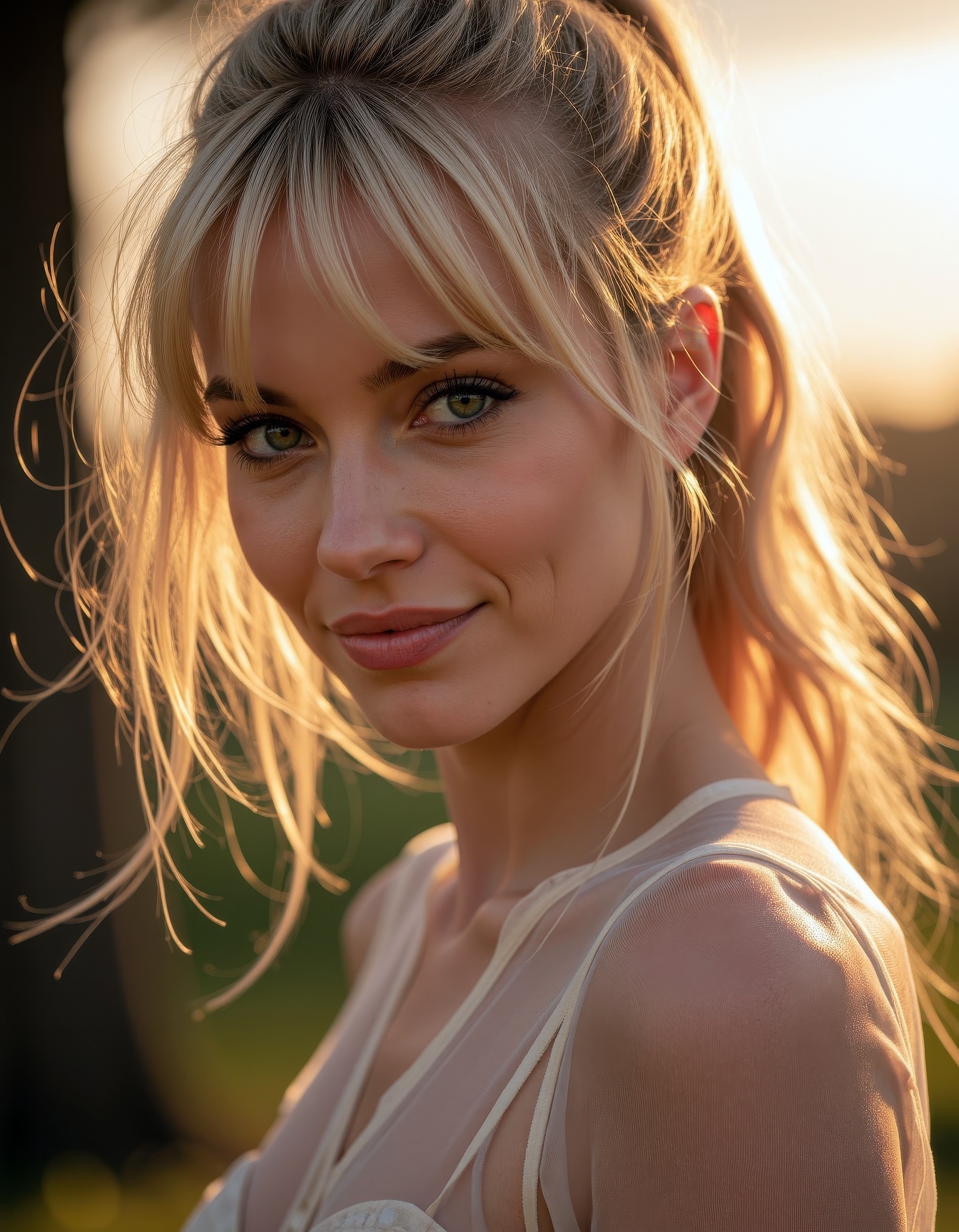 A beautiful woman with fair skin and long,  messy blonde hair styled in a high ponytail with dramatic,  face-framing bangs...