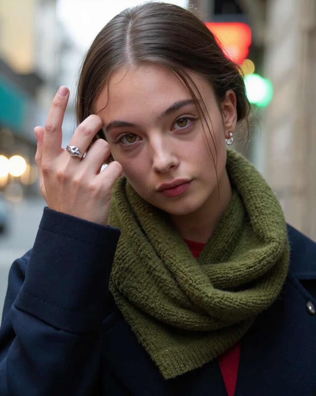 a close-up of deva_cassel with light skin and auburn hair styled in a low bun. She gazes directly into the camera with pie...