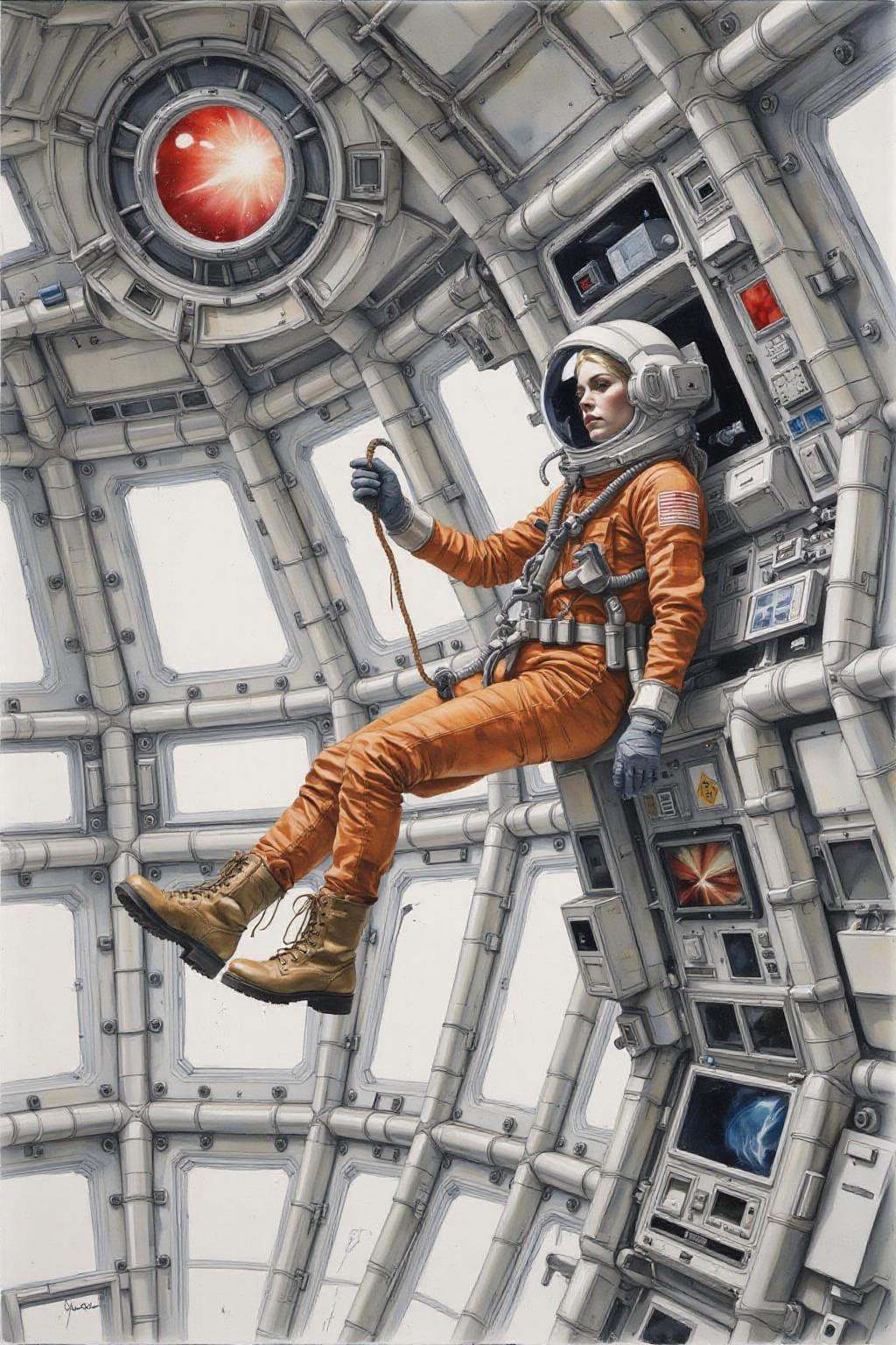 yawc1 watercolor.Overhead sideview of a blonde woman dressed in a orange spacesuit and heavy boots,  is carefully re-enact...