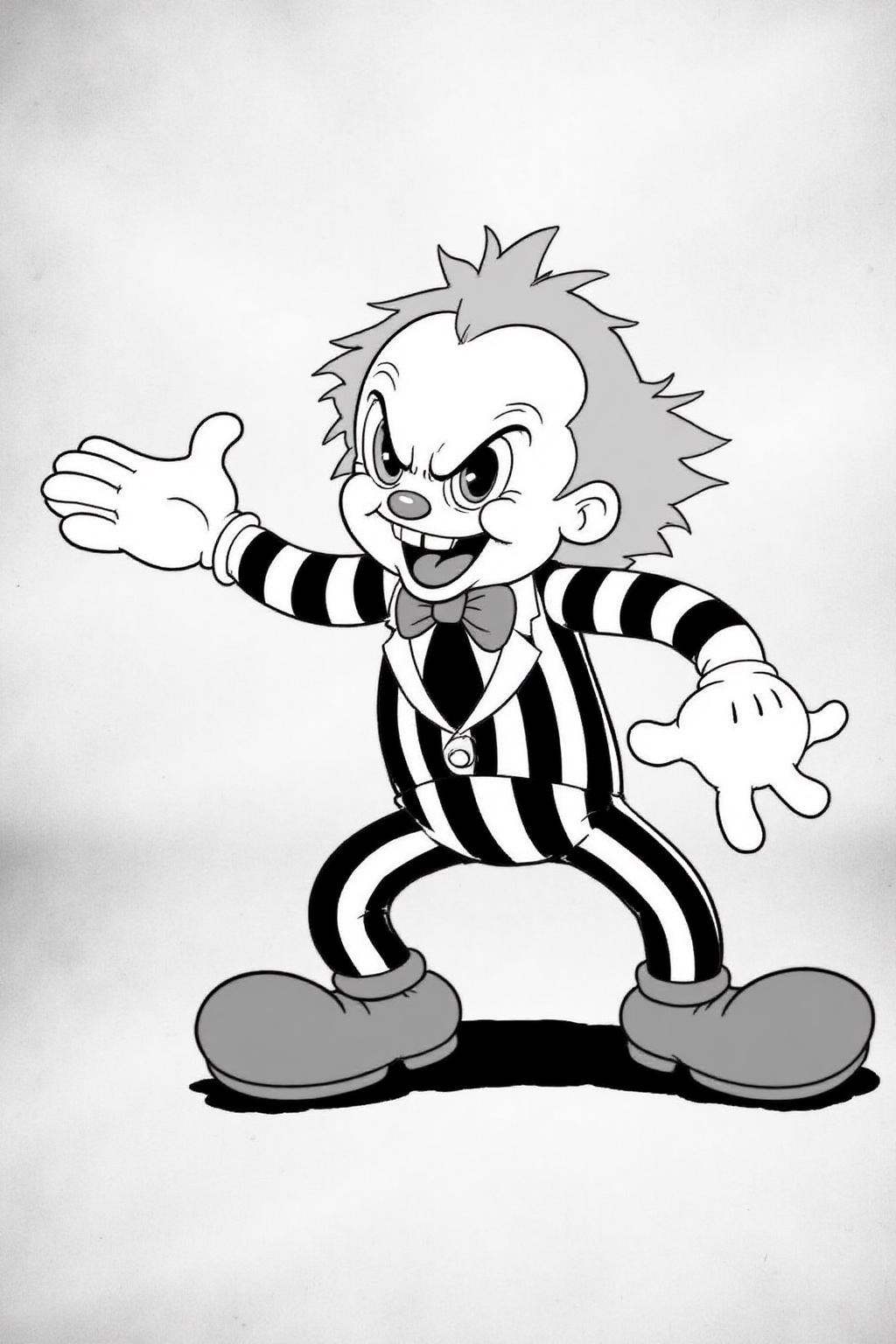 rubber hose animation style.Monochrome image of Beetlejuice,  a mischievous clown-like trickster with exaggerated features...