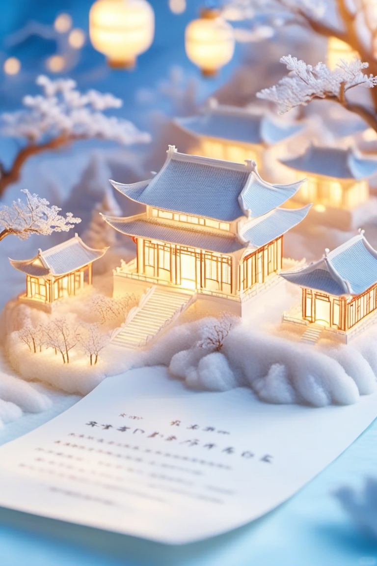 Microarchitecture,juanzhou,A whimsical winter scene with a snowy village full of intricately crafted miniature Chinese buildings,all lit up with warm,glowing lights. In the background,lanterns and a frosty tree add to the chill vibe. A scroll with Japanese writing lies in the foreground.,,<lora:juanzhouv1:0.8>