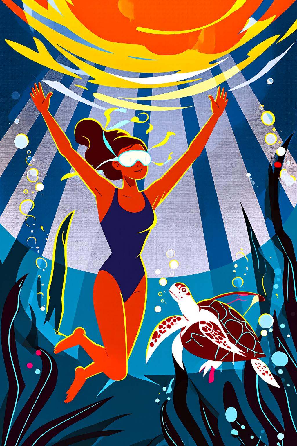 flatcolorvectorart2q illustration.Woman swimming underwater. The woman is wearing a one piece swimsuit,  and she is wearin...