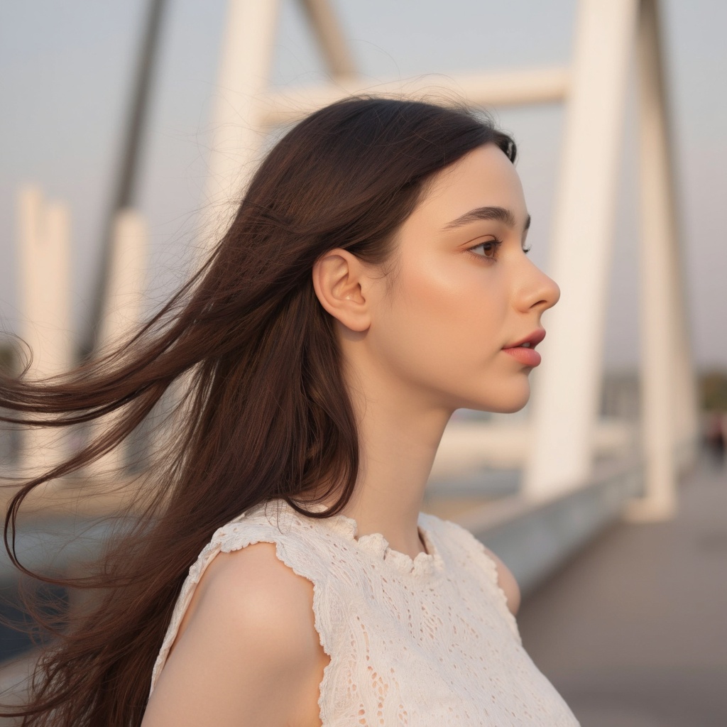 A portrait of dasha_taran with long,  flowing black hair,  captured in a side profile. She wears a white sleeveless top wi...