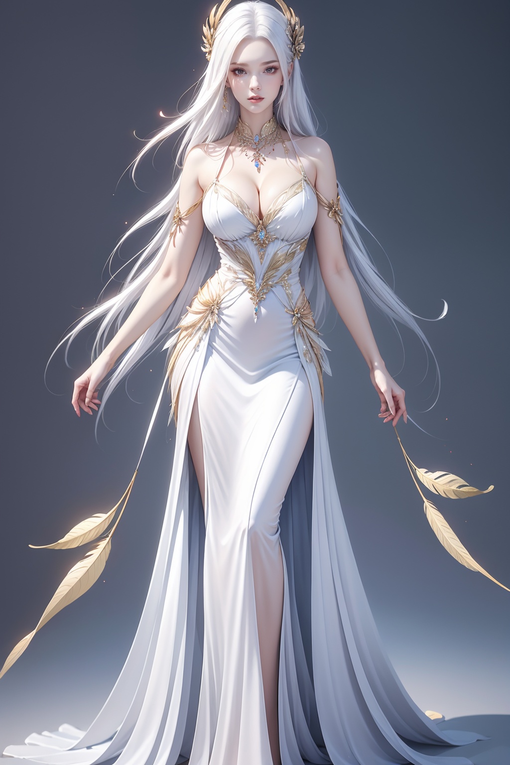1girl, solo, long hair, jewelry, necklace, breasts, dress, parted lips, looking at viewer, feathers, cleavage, dress, pale skin, white hair, full body, simple background,<lora:AgainHandFix_v1:0.1>