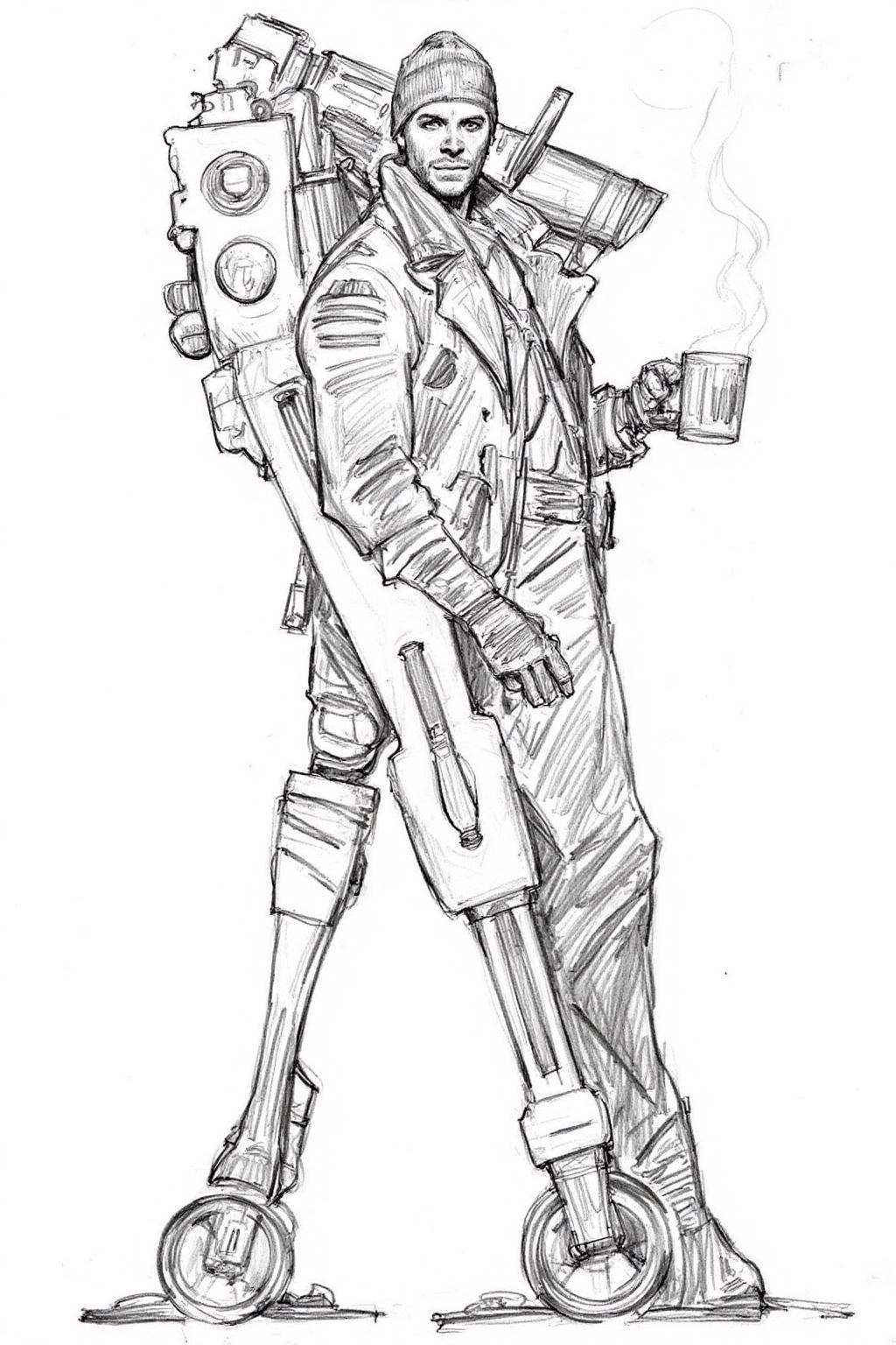 pencil sketch.A man,  shown in side profile,  is wearing a rugged on Tensor.Art
