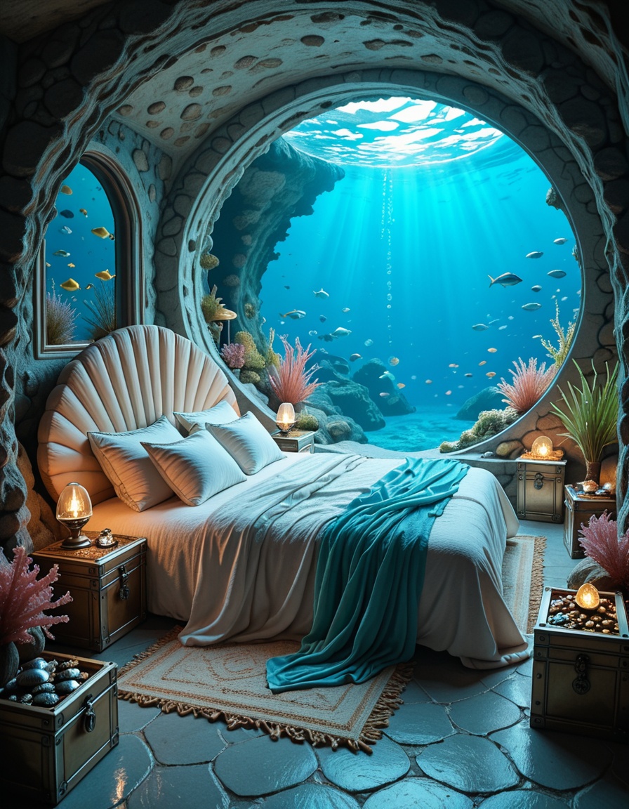 The magical underwater bedroom of the Mermaid,  with coral walls glowing softly in luminous shades of blue and turquoise....