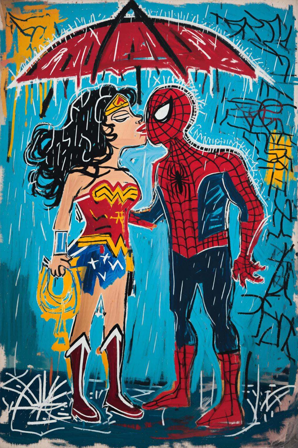 jeanmichelbasquiat2q painting.Wonder Woman and Spider-man Kissing in the rain on Tensor.Art