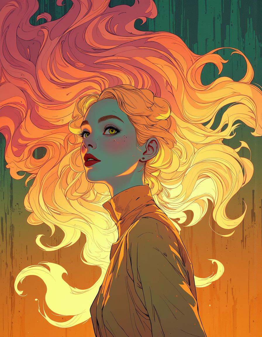 Anime style. Surreal digital painting,  depicting a woman with flowing hair that appears to be made of flames or smoke,  h...