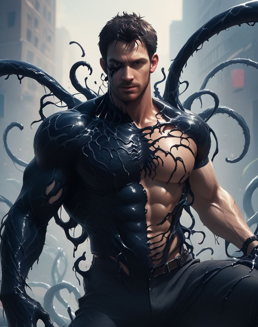 score_9, score_8_up, score_7_up, score_6_up, score_5_up, mature male, 1boy, Chris Redfield, venom_assimilation, dehumanization, transformation, venom, athletic, huge penis, very hairy chest, covered in tentacles, bare chest, bare bottom, bare penis, erect penis, ejaculating, beard, black liquid wrapped around face, tentacles penetrating ass, riding venom black dildo, muscular, male focus, absorption, merging, spread legs, ejaculation, moaning