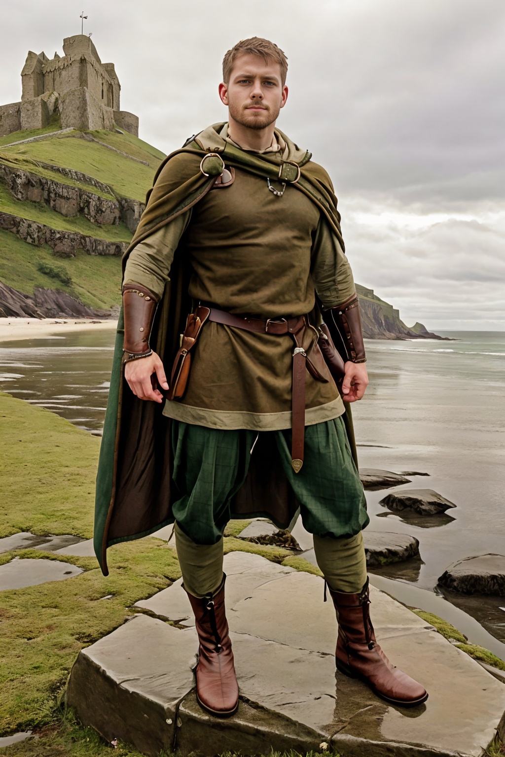 a beach,  Lindisfarne Castle on a hill in the background,  DeletablePurple on Tensor.Art