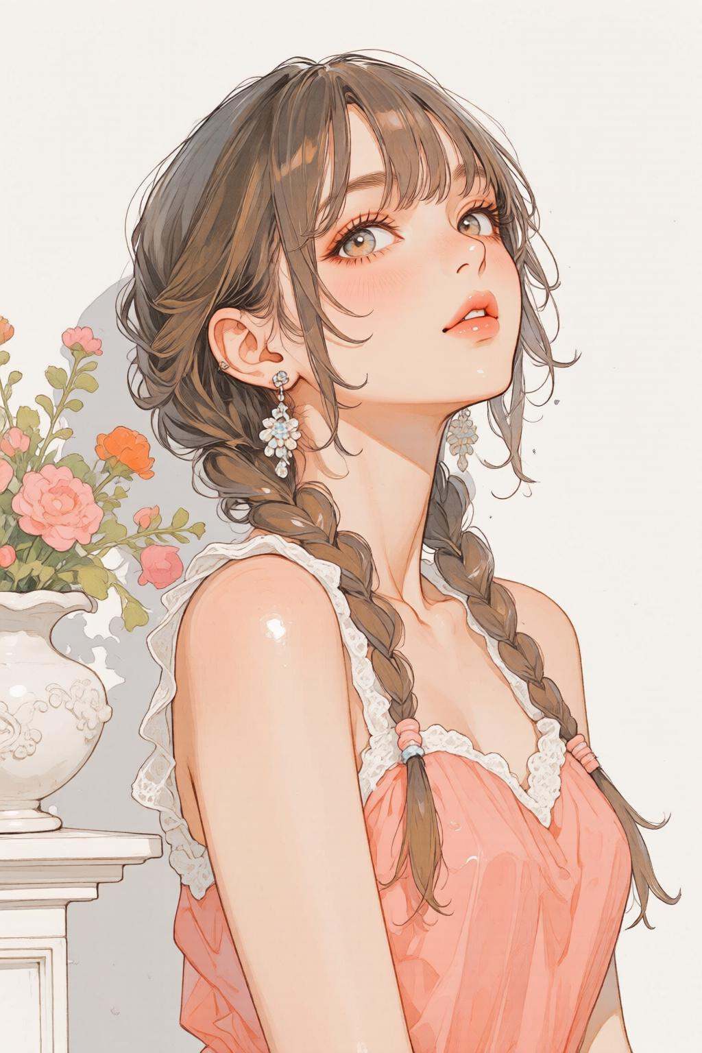 nijiwatercolor1q anime illustration.A young woman with long,  wavy brown hair styled in two braids. She is looking slightl...