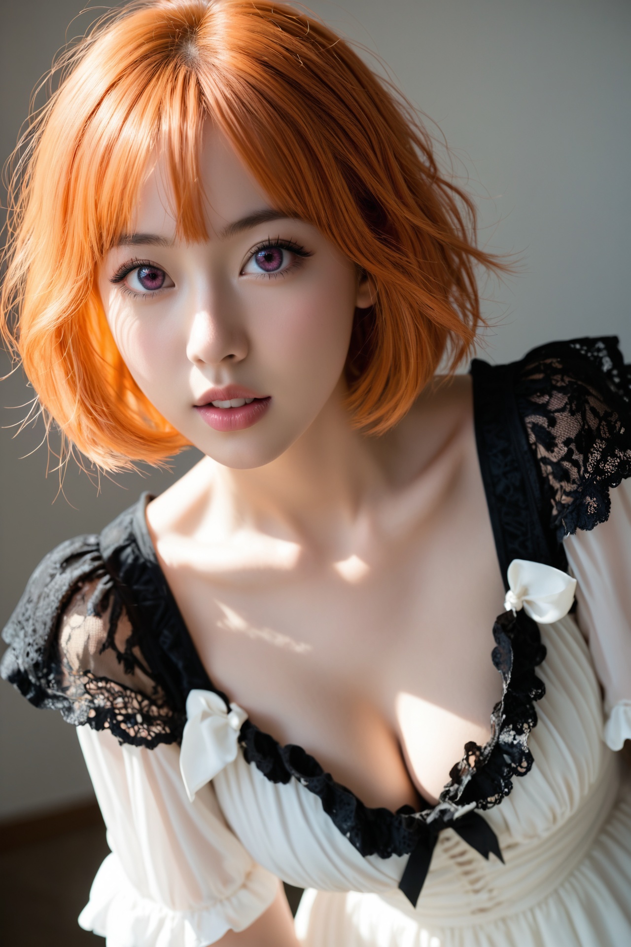 black lace dress,  orange hair,  bob cut on Tensor.Art