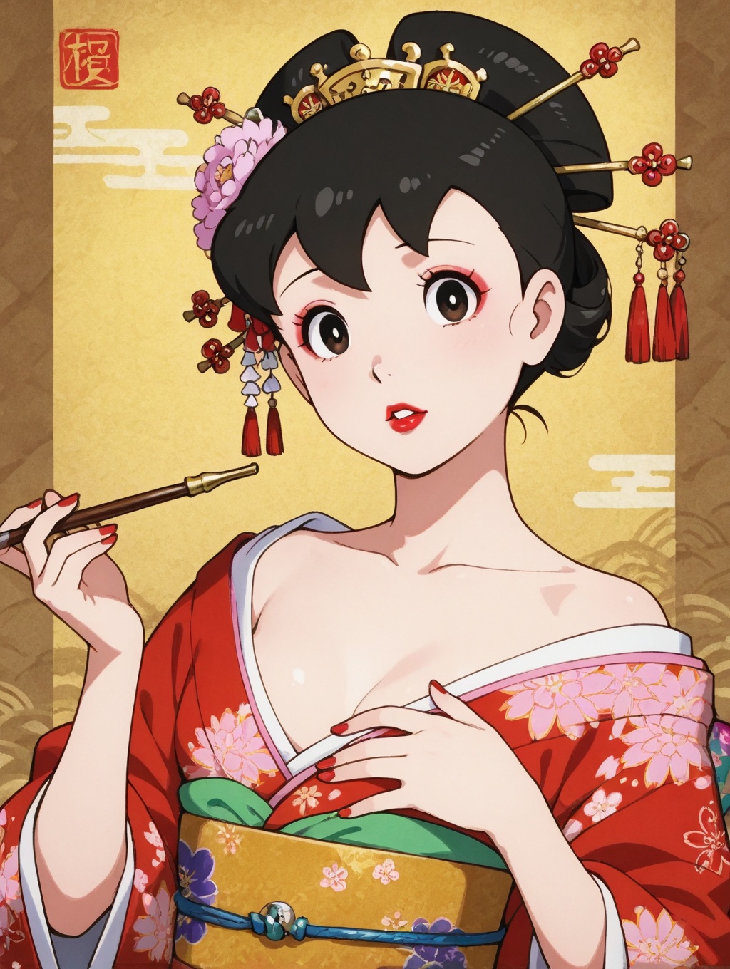 minamoto shizuka,  1girl,  smoking pipe on Tensor.Art