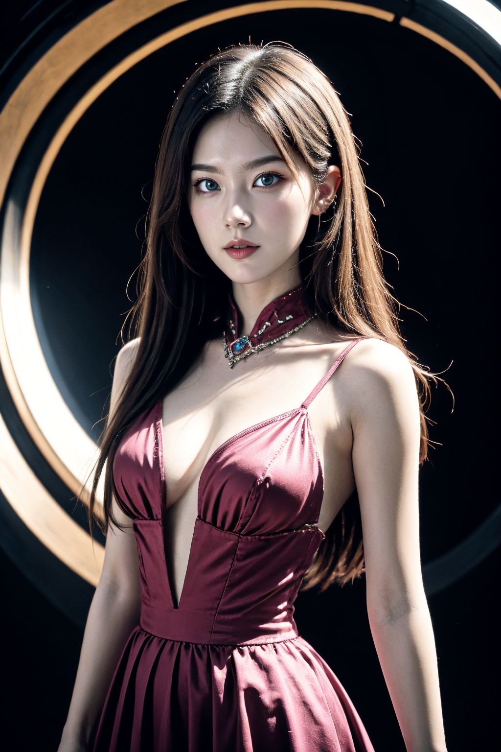 (extremely detailed:1.4),upper body,1girl,brown hair,dress,jewelry,long hair,looking at viewer,solo,space,