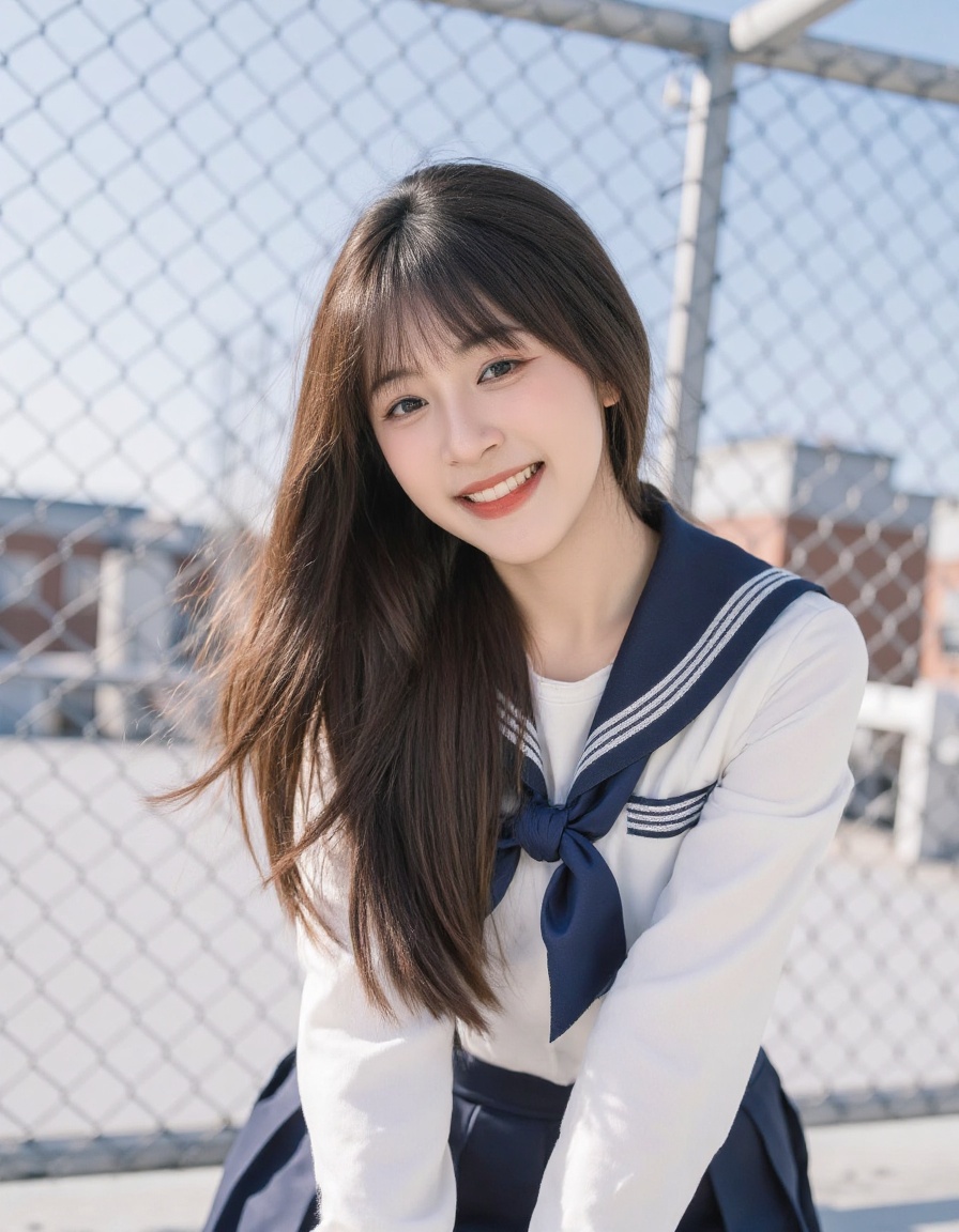 A playful and mischievous young woman wearing a Japanese sailor school uniform,  posing cutely on a Japanese school roofto...