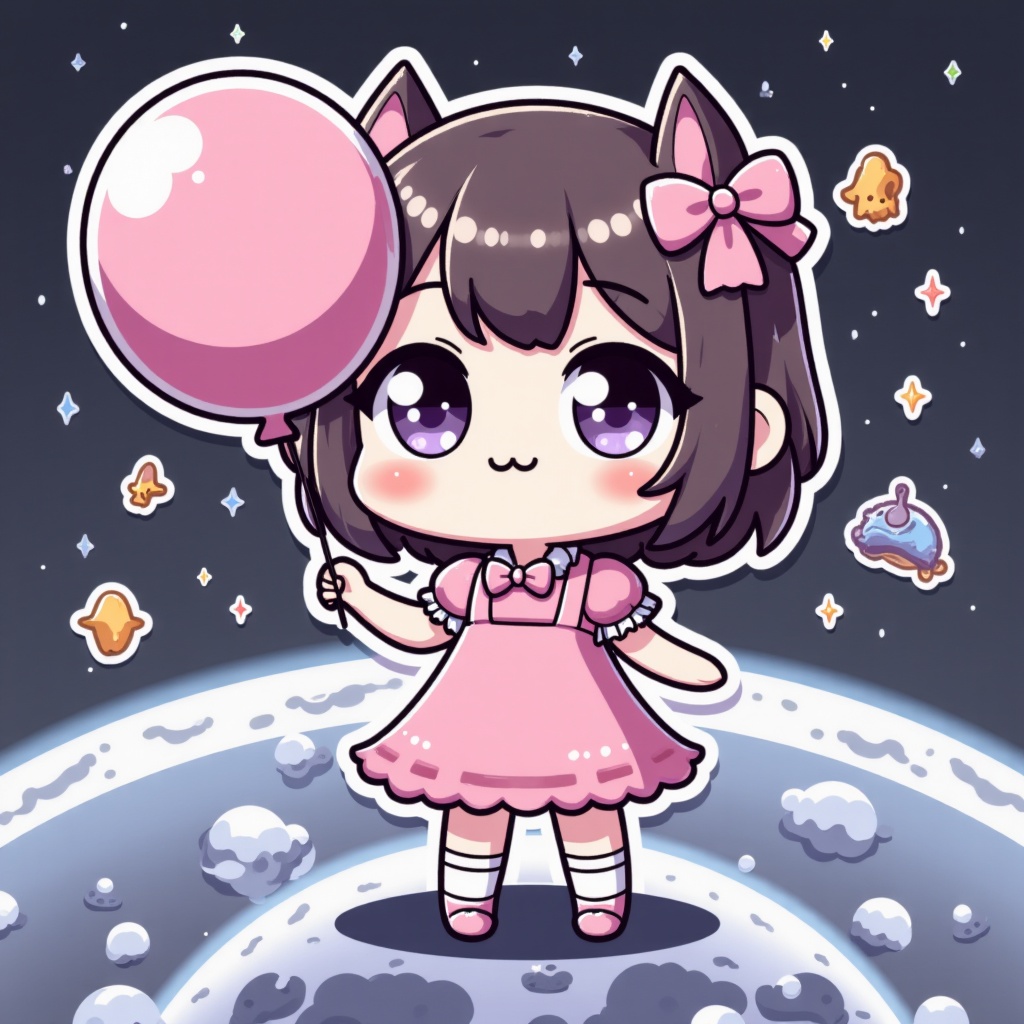 Sticker,  a girl in girly pink dress,  with a pink balloon on her hand on Tensor.Art