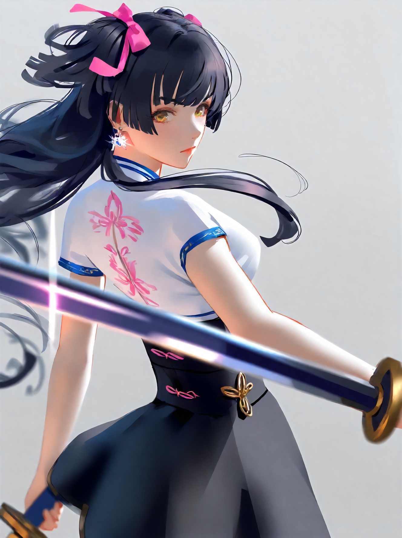 1girl, mayuzumi fuyuko, idolmaster, (wlop:0.9524), ciloranko, solo, (kousaki ruri:1.05), year 2023, from behind, cowboy shot, depth of field, closed mouth, ribbon, holding weapon, pink ribbon, holding, looking back, sword, long hair, short sleeves, two side up, blurry, black hair, jewelry, skirt, looking at viewer, blurry foreground, hair ribbon, grey background, holding sword, black skirt, yellow eyes, floating hair, earrings, weapon, chinese clothes, masterpiece, best quality, nsfw, safe