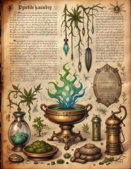 spllbkpg,  The illustration showcases enchanted relics and herbal components on an old vellum backdrop filled with cryptic...