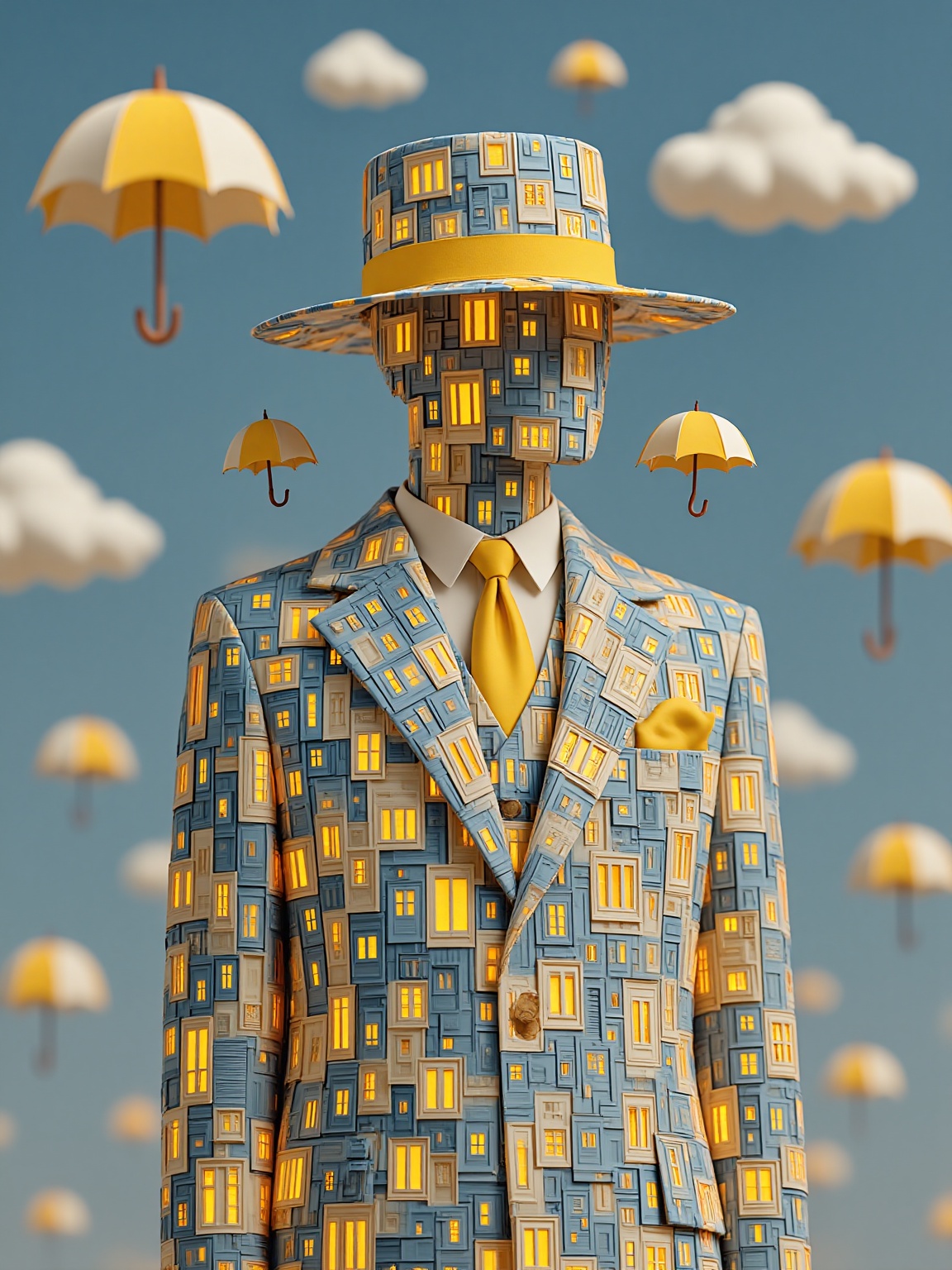 Business creativity,  A surreal digital artwork featuring a man in a suit adorned with a mosaic of miniature cityscapes. H...