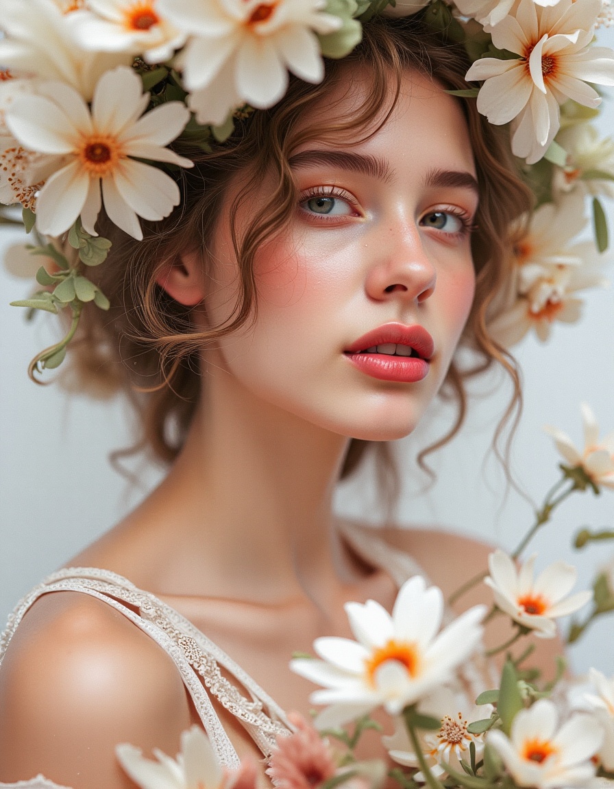 This is a photograph depicting a female figure. She wears a floral wreath on her head,  adorned with pink,  white on Tenso...