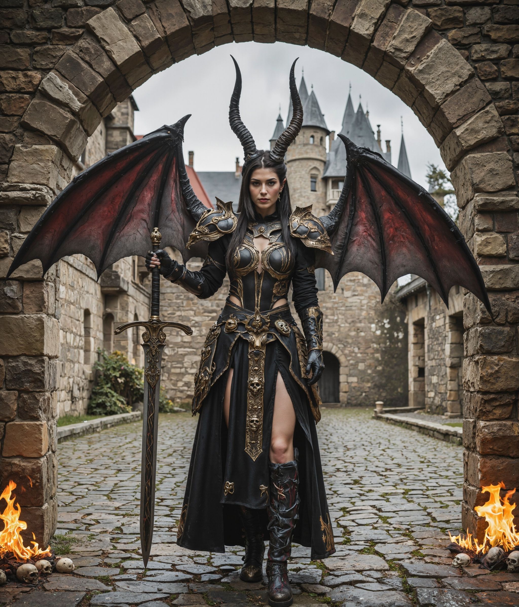 This image depicts an impressively detailed fantasy or cosplay photograph featuring an elaborate dark fantasy character de...