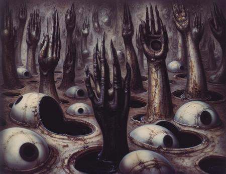 gigerart.a piece of art by HR Giger. the image depicts a diseased,  biological whack-a-mole stype array of holes with grun...