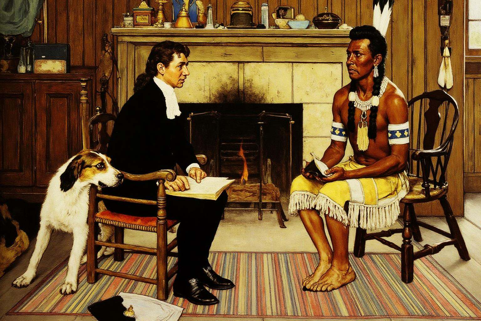 normanrockwell1 painting. Two men are seated in an 18th-century parlor with a fireplace in thebackground. The man on the l...